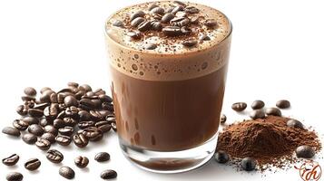Rich and indulgent mocha with a sprinkling of coffee beans all cut out on an isolated simple minimalist background photo