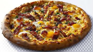 Bacon and egg breakfast pizza cut out on an isolated simple minimalist background photo
