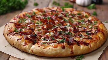 Barbecue bacon stuffed crust pizza cut out on an isolated simple minimalist background photo