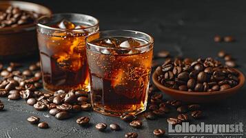 Bold and invigorating cold brew coffee with scattered coffee beans all cut out on an isolated simple minimalist background photo