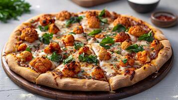 Buffalo cauliflower pizza cut out on an isolated simple minimalist background photo