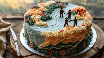 Charming anniversary cake with fondant figures depicting the couple's journey cut out on an isolated simple minimalist background photo