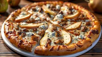 Caramelized pear and gorgonzola pizza cut out on an isolated simple minimalist background photo