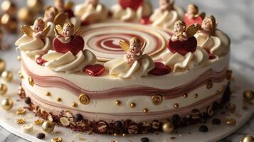 Whimsical Valentine's Day cake with cupid figurines and gold accents cut out on an isolated simple minimalist background photo