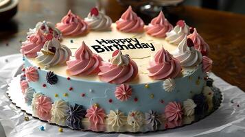Joyful birthday cake with a Happy Birthday message cut out on an isolated simple minimalist background photo