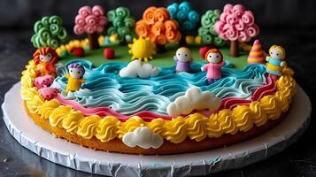 Fun birthday cake with fondant shapes and figures cut out on an isolated simple minimalist background photo