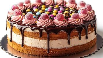Delightful birthday cake with candy toppings and chocolate drizzle cut out on an isolated simple minimalist background photo