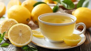 Zesty Cup of Lemon Tea bright and zesty cup of lemon tea perfect for a refreshing pickmeup displayed elegantly against a minimalist background photo