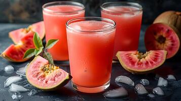 Tropical Guava Juice Served a Glass with Guava Slices A flavorful glass of guava juice showcasing fresh guava slices for an exotic touch photo