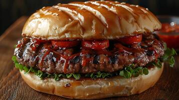 Tokyo Teriyaki Burger Glazed beef patty teriyaki sauce crisp lettuce and sesame bun bringing Japanese flavors to life photo