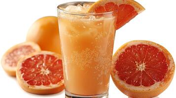 Tall Glass of Tangy Grapefruit Juice a Slice of Grapefruit A zesty grapefruit juice presented in a tall glass garnished with a slice for added flair photo