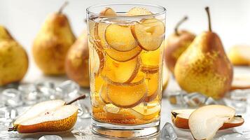 Tall Glass of Refreshing Pear Juice Pear Slices A light and sweet pear juice served tall showcasing fresh pear slices for added flavor photo