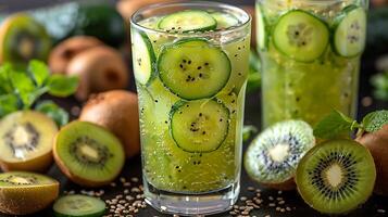 Tall Glass of Refreshing Cucumber Kiwi Juice A light and refreshing juice combining cucumber and kiwi perfect for a healthy boost photo