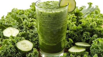 Tall Glass of Invigorating Green Juice Cucumber and Kale A healthful green juice blend served tall emphasizing freshness and vitality photo