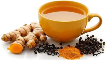 Spicy Cup of Turmeric Tea vibrant cup of turmeric tea packed with health benefits and spices beautifully displayed in a clean backdrop photo