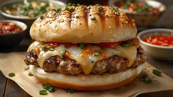 Shanghai Soup Dumpling Burger juicy beef patty with a brothfilled center inspired by the famous xiaolongbao dumpling photo