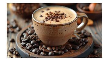 Smooth Creamy Hazelnut Latte A velvety hazelnut latte topped with creamy foam and a handful of coffee beans perfect for nutty coffee lovers photo