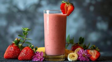 Refreshing StrawberryBanana Smoothie Served a Glass A creamy smoothie made with strawberries and bananas garnished with fruit slices for added appeal photo