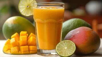 Refreshing MangoLime Juice Served a Tall Glass A zesty mangolime juice served tall garnished with slices of mango and lime for a vibrant look photo
