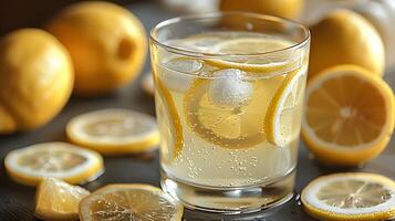 Refreshing Lemonade Served a Glass with Slices of Lemon A classic glass of lemonade garnished with lemon slices embodying summer refreshment photo