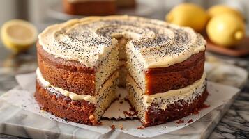 Refreshing lemon poppy seed cake cut out an isolated simple minimalist background photo
