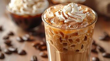 Refreshing Iced Coffee Whipped Cream A chilled glass of iced coffee topped with fluffy whipped cream for a refreshing summer beverage photo