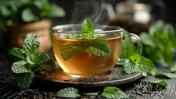 Refreshing Cup of Mint Tea cool and invigorating cup of mint tea ideal for hot days beautifully displayed in a simple setting photo