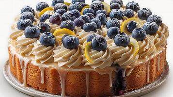 Moist blueberry cake lemon glaze cut out on an isolated simple minimalist background photo