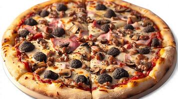 Mushroom Truffle Pizza Earthy mushrooms and aromatic truffle oil on a thin crust with mozzarella photo