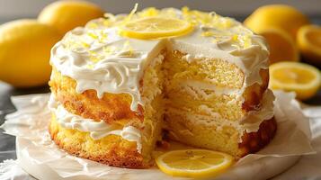 Light fluffy lemon chiffon cake with lemon glaze cut out on an isolated simple minimalist background photo