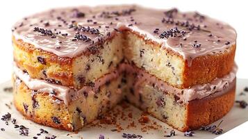 Light and airy lemon lavender cake with lavender glaze cut out on an isolated simple minimalist background photo
