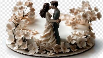 Heartfelt anniversary cake with a sugar sculpture of the couple and their favorite hobby cut out on an isolated simple minimalist background photo