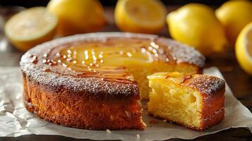 Lemon drizzle cake cut out an isolated simple minimalist background photo