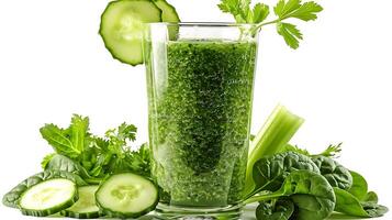 Glass of Invigorating Cucumber Spinach Celery Juice A refreshing green juice blend with cucumber spinach and celery garnished with fresh ingredients photo