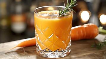 Glass of Invigorating Carrot Juice a Carrot Garnish A nutrientrich carrot juice served in a clear glass adorned with a fresh carrot garnish photo