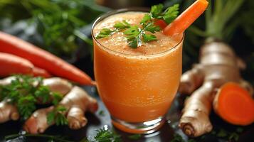 Glass of Invigorating Carrot Ginger Juice A vibrant carrot juice infused with ginger elegantly garnished with carrot and ginger for a zesty touch photo