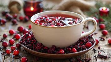 Fruity Cup of Cranberry Hibiscus Tea vibrant cup of cranberry hibiscus tea bursting with fruity and floral notes elegantly displayed on a clean background photo