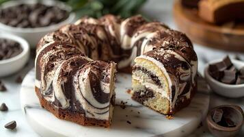 Classic marble cake swirls of chocolate and vanilla cut out on an isolated simple minimalist background photo