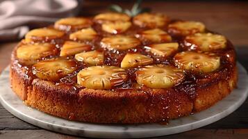 Classic pineapple upsidedown cake caramelized pineapple topping cut out on an isolated simple minimalist background photo