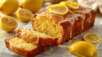 Classic lemon pound cake lemon glaze cut out on an isolated simple minimalist background photo
