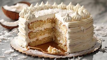 Classic coconut cream cake with coconut cream cheese frosting cut out on an isolated simple minimalist background photo