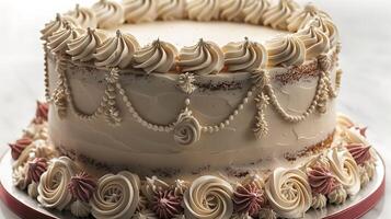 Classic anniversary cake with tiered layers and elegant piping details cut out on an isolated simple minimalist background photo