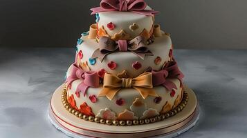 Festive Tiered Birthday Cake Icing Ribbons and Bows An elegant multitiered cake adorned with ribbons and bows perfect for celebrations photo