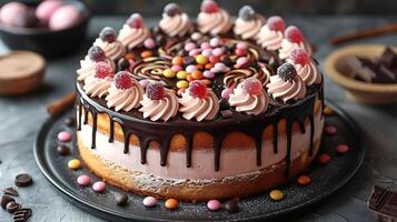 Delightful Birthday Cake Candy Toppings and Chocolate Drizzle A sweet cake topped with candy and a rich chocolate drizzle for a fun twist photo