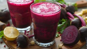 Vibrant Beetroot Juice a Clear Glass A striking glass of beetroot juice rich in color and nutrients presented against a simple clean background photo
