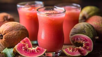 Tropical Guava Juice Served a Glass with Guava Slices A flavorful glass of guava juice showcasing fresh guava slices for an exotic touch photo