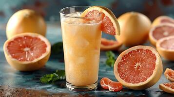 Tall Glass of Tangy Grapefruit Juice a Slice of Grapefruit A zesty grapefruit juice presented in a tall glass garnished with a slice for added flair photo