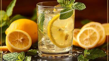 Tall Glass of Refreshing Mint Lemonade zesty mint lemonade served tall adorned with mint leaves and lemon slices for a refreshing twist photo