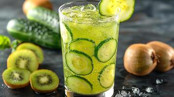 Tall Glass of Refreshing Cucumber Kiwi Juice A light and refreshing juice combining cucumber and kiwi perfect for a healthy boost photo