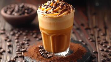 Sweet Creamy Caramel Macchiato A delightful blend of espresso and caramel lightly dusted with coffee beans for a sweet finish photo